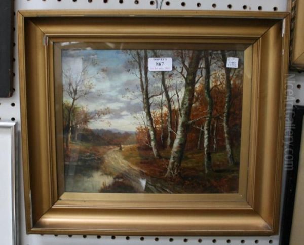 Landscape View With A Woman Walking Along A Woodland Path Oil Painting by James Charles