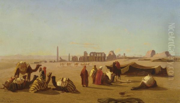 A Caravan At Rest, The Temple Of Karnak, Thebes In The Distance Oil Painting by Charles Theodore Frere