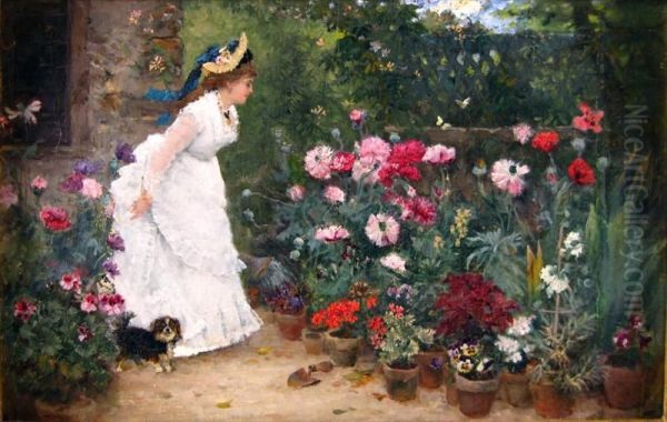 Lady With Crysthanemums Oil Painting by Armand Charnay