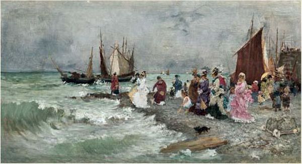 Elegantes Sur La Plage D'yport, Juillet 1894 Oil Painting by Armand Charnay