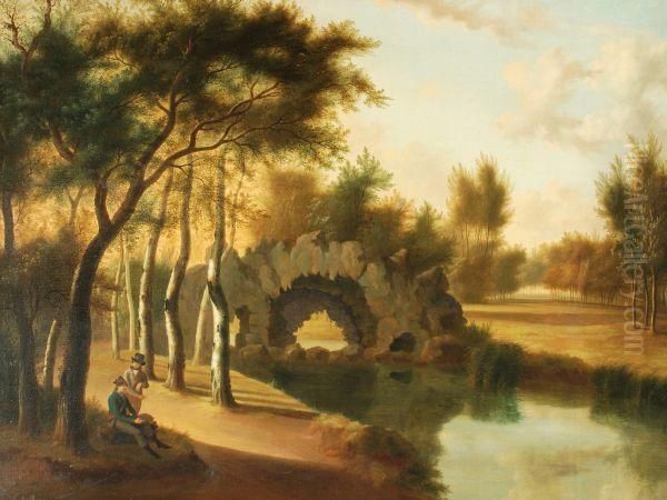 A Wooded River Landscape Withtwo Gentlemen Resting Oil Painting by Constance M. Blondel Charpentier