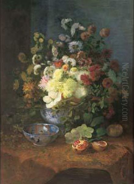 Vase De Fleurs, Coupe En Porcelaine Et Grenade Sur Un Chale Indien Oil Painting by Eugene Charpentier