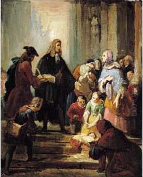 D'alembert Enfant Trouve Devant Le Portail De L'eglise Saint-jean Le Rond A Paris Oil Painting by Eugene Charpentier