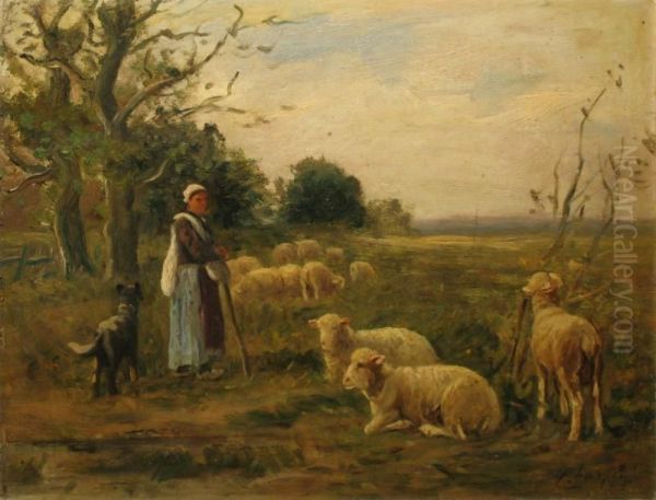 Bergere Et Son Troupeau De Moutons Oil Painting by Albert Charpin