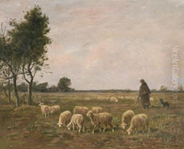 Berger Et Son Troupeau De Mouton Oil Painting by Albert Charpin