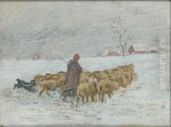 Berger Et Troupeau Sous La Neige Oil Painting by Albert Charpin