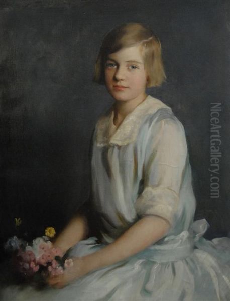 Girl In Blue Dress Holding Flowers Oil Painting by Adelaide Cole Chase