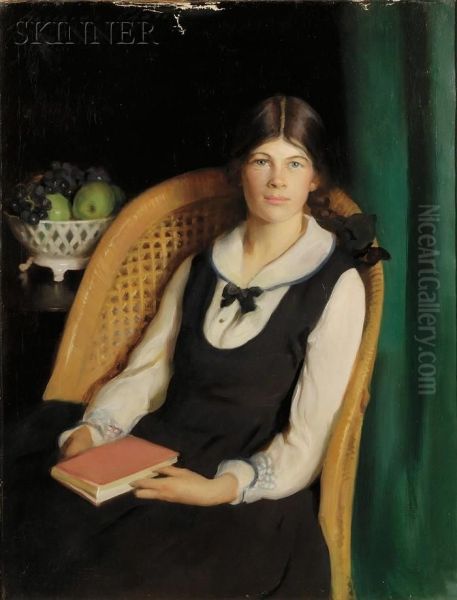 Portrait Of A Young Girl Seated With A Book Oil Painting by Adelaide Cole Chase