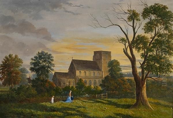 Figures Before South Creake Church Oil Painting by John Chase