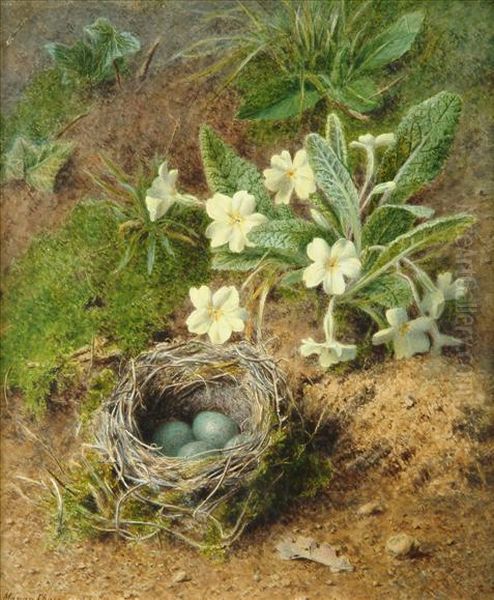 Still Life Withprimroses And A Bird's Nest Oil Painting by Marian Emma Chase