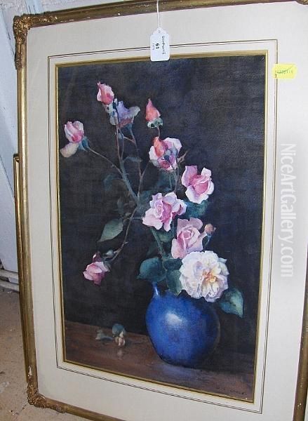 Still Life Of Roses In A Blue Jug Oil Painting by William Arthur Chase