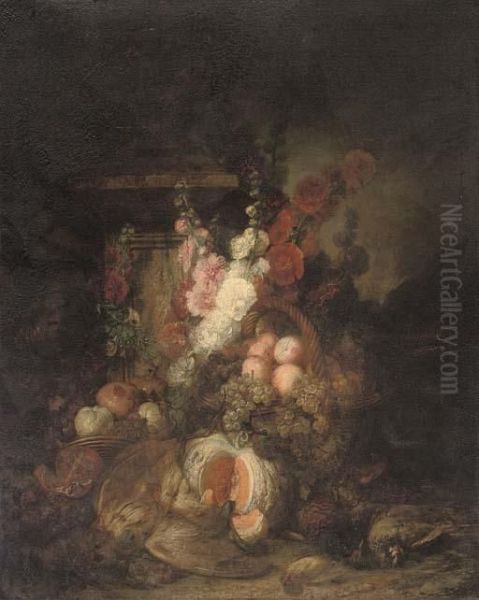 Roses, Grapes, Pomegranates, Peaches, Strawberries, A Melon And Game Birds In A Garden Clearing Oil Painting by Henri-Jean-Saint-Ange Chasselat