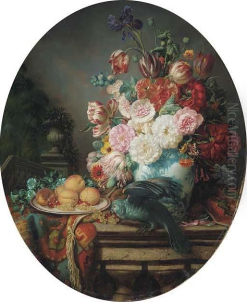 Still Life With A Parrot, Fruits, Flowers Oil Painting by Henri-Jean-Saint-Ange Chasselat