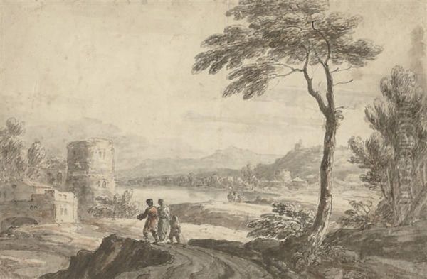 Travellers In A Landscape Oil Painting by Jean-Baptiste Claude Chatelain