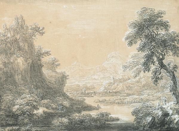 'a Mountainous River Scene', Pencil, Charcoal, Heightend With White Oil Painting by Jean-Baptiste Claude Chatelain