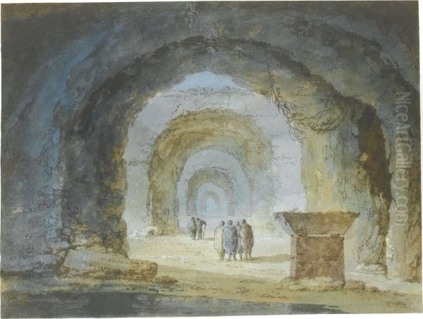 Figures Near A Sarcophagus Among Roman Substructures Oil Painting by Claude Louis Chatelet