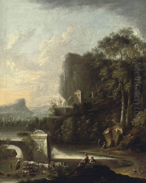 A Wooded River Landscape With Drovers Beside Classical Ruins Oil Painting by Claude Louis Chatelet