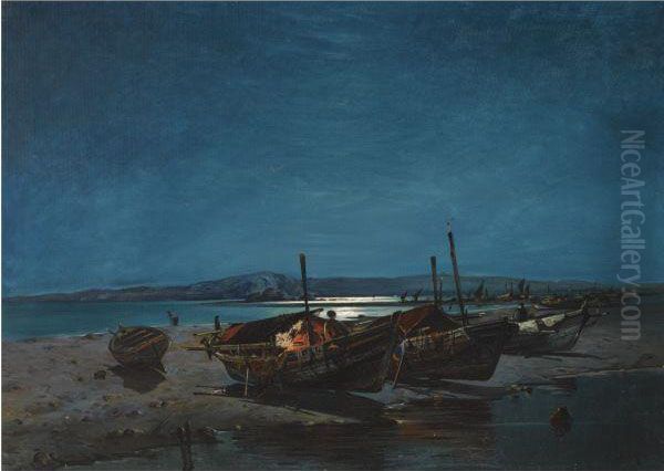 Fishing Boats By Moonlight Oil Painting by Vassilios Chatzis