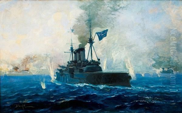 The 'averoff' At Battle Oil Painting by Vassilios Chatzis