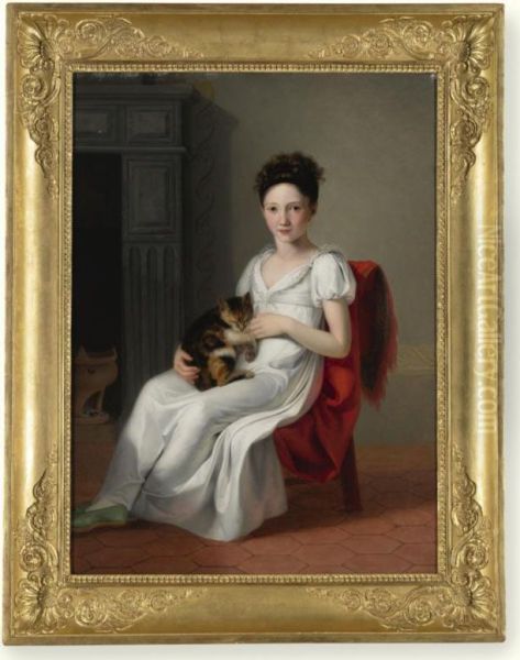 Portrait Of A Young Girl Holding Her Cat Oil Painting by Jeanne-Elisabeth Chaudet