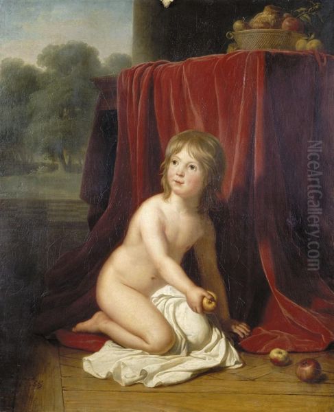 Young Girl Kneeling By A Table An Apple In Her Hand Oil Painting by Jeanne-Elisabeth Chaudet