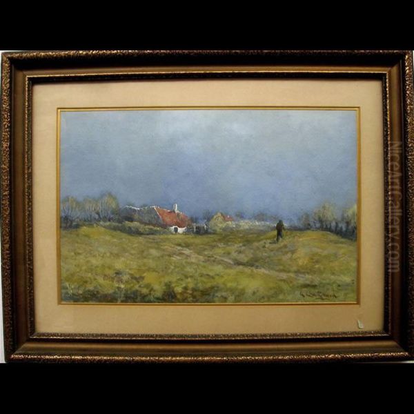 Figure Strolling By Cottages Oil Painting by George Chauvignaud