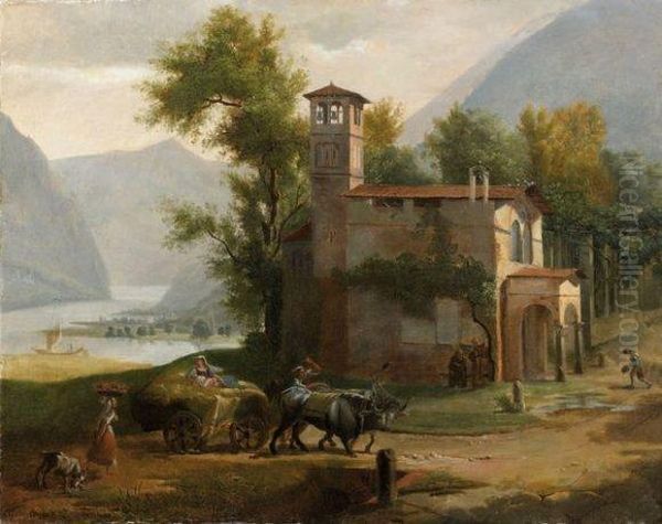 Vue D'une Chapelle Au Bord D'un Lac Oil Painting by Pierre-Athanase Chauvin