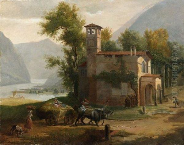 Vue D'une Chapelle Au Bord D'un Lac Oil Painting by Pierre-Athanase Chauvin