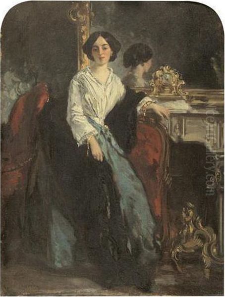 Femme Dans Un Interieur, Debout Pres De La Cheminee Oil Painting by Victor Joseph Chavet