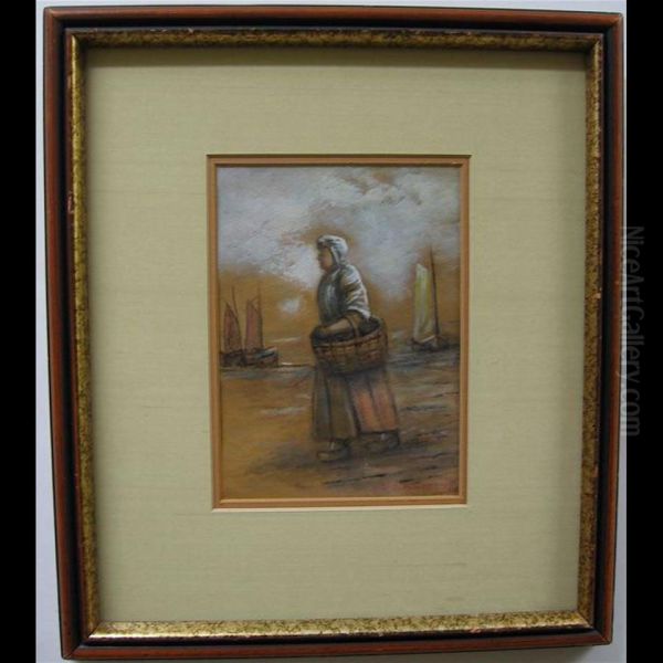 A Dutch Fisherwoman With Basket On Beach Oil Painting by Georges Chavignaud