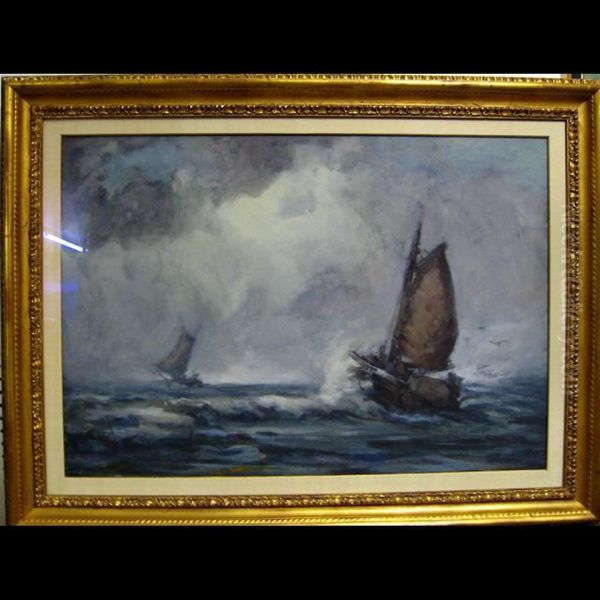 Sailing Barges In Rough Seas Oil Painting by Georges Chavignaud