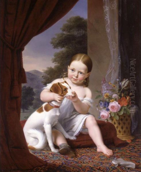 A Young Girl Seated With Her Dog, A Vase Of Flowers Next To Her And A Landscape Beyond Oil Painting by Antoine Chazal