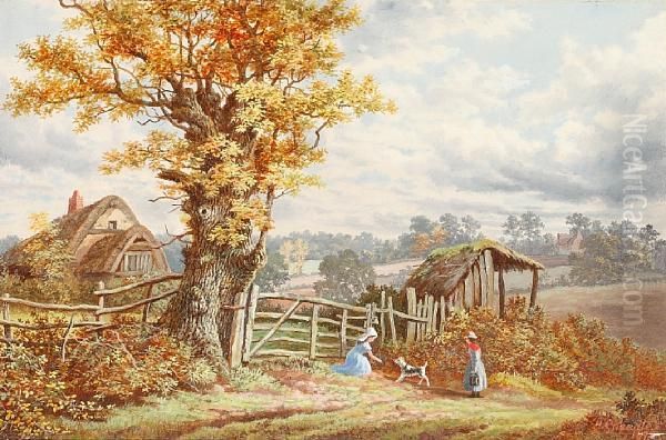 Children Playing Before A Farm Gate Oil Painting by Henry Cheadle