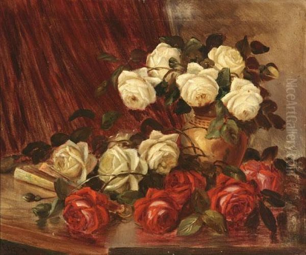 Still Life With Roses And Handfan Oil Painting by Felipe Checa Y Delicado