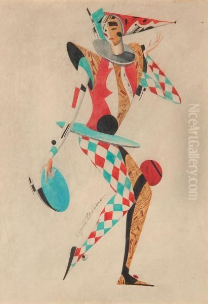 Harlequin In Red And Blue Oil Painting by Sergei Vasil'evich Chekhonin