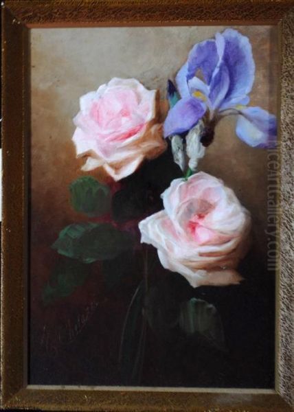 Pink Roses And An Iris Oil Painting by Tito Chelazzi