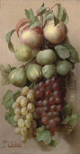 Peaches, Plums, Figs And Grapes Hanging On A Wall Oil Painting by Tito Chelazzi