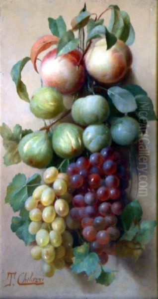 Italian Oil On Wooden Panel Still Life Of Hanging Fruit Signed 19.5 X 10.5in Oil Painting by Tito Chelazzi