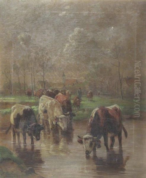 Kuhe Am Wasser Oil Painting by Adolf Chelius