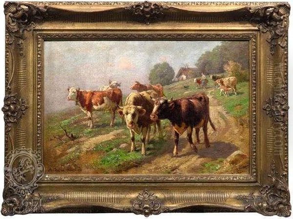 Cows On A Summerypasture Oil Painting by Adolf Chelius