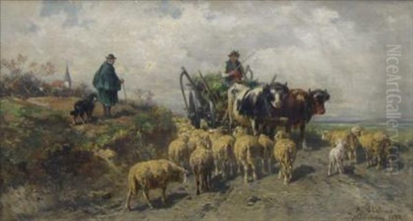 Landscape With Haywagon And Sheep, Herder And Dog Oil Painting by Adolf Chelius