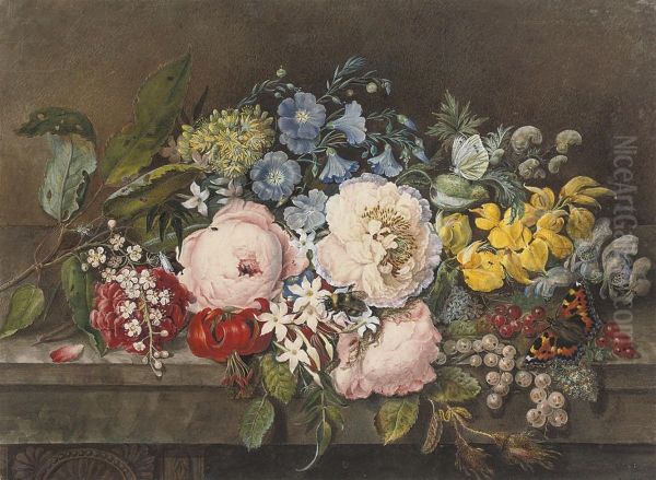 A Still Life Of Summer Flowers, Butterflies And A Bumble Bee On A Stone Ledge Oil Painting by Harriet Cheney