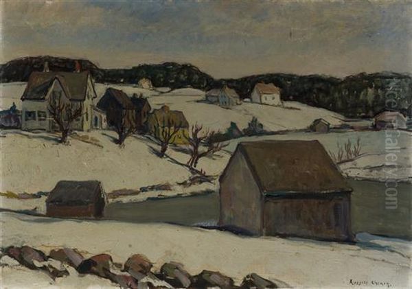 Winter Landscape With Houses And Barn Beside A Lake Oil Painting by Russell Cheney