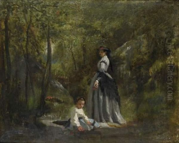 Femme Et Son Enfant Dans Un Sous Bois Oil Painting by Fleury Chenu