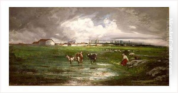 Vaches Et Paysanne Oil Painting by Fleury Chenu