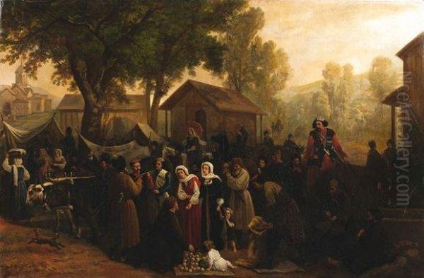 Scene De Marche Dans Un Village Russe Oil Painting by Vassili V. Cheremetev