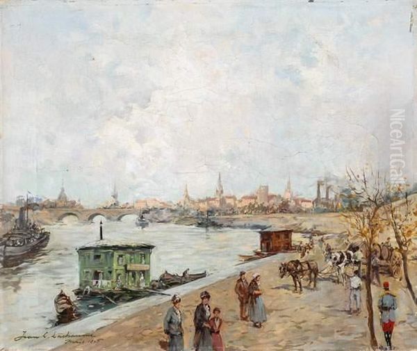 La Seine A Paris, 1895 Oil Painting by J-L. L.De Gavaux,dit Cheret