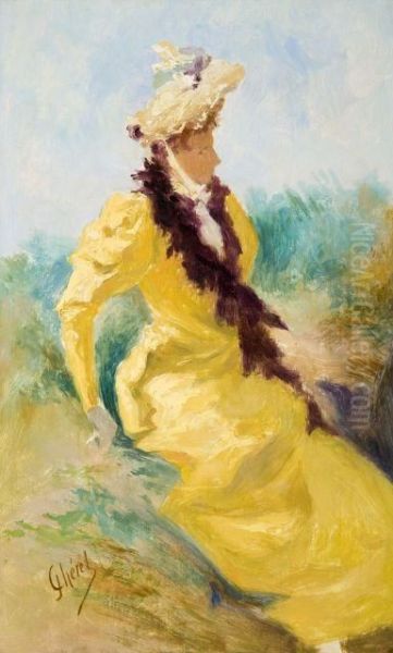 Elegante A La Robe Jaune Oil Painting by Jules Cheret