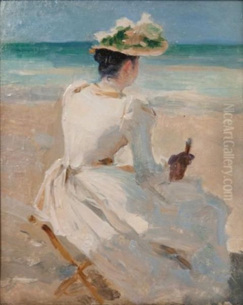 Femme A L'ombrelle Sur La Plage Oil Painting by Jules Cheret