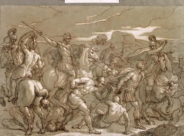 A Battle Scene Oil Painting by Charles-Louis Chron